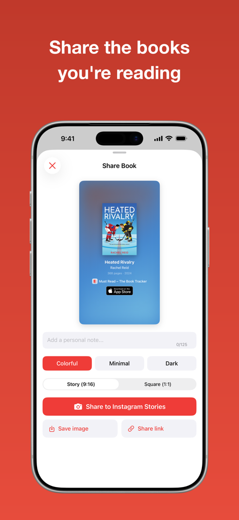 Must Read – The Book Tracker - A screenshot of the Must Read app showing the social media share card feature for a book titled Heated Rivalry with options to share to Instagram Stories.