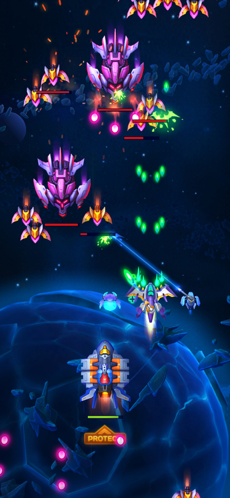 Gameplay sparatutto verticale in stile arcade in Space Justice con astronavi e raggi laser