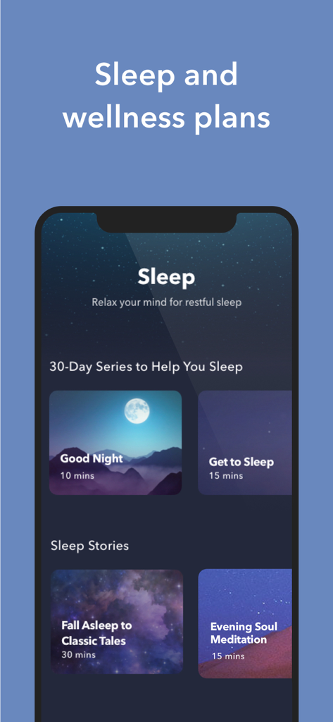 Simple Habit app interface showing guided sleep meditation and wellness plans