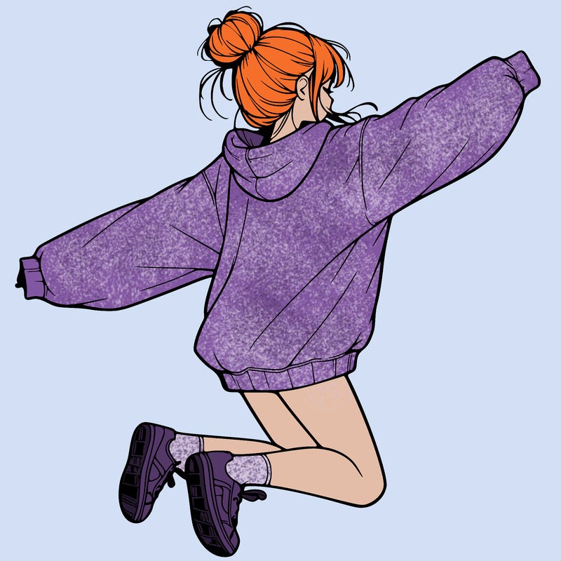 realistic girl jumping with a bun and oversized sweatshirt