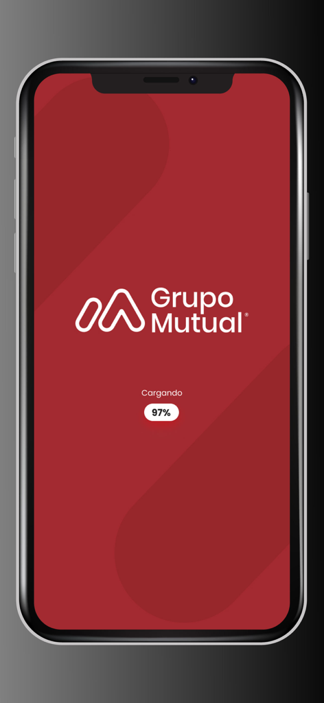 Mutual Movil app splash screen with Grupo Mutual logo and loading progress bar at 97 percent