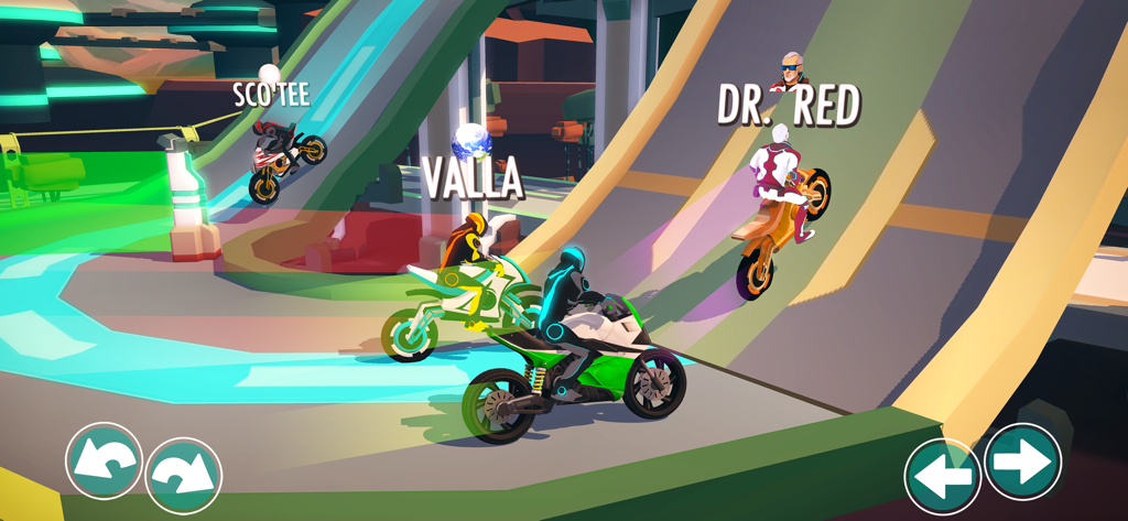 Gravity Rider - Quatre motos futuristes en course sur une piste 3D éclairée au néon avec des rampes et des noms de pilotes dans Gravity Rider.