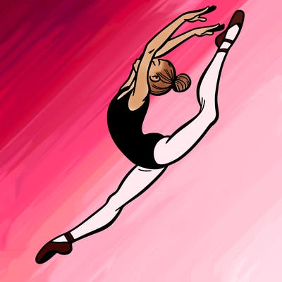 gymnast doing a leap in a leotard with a bent back leg