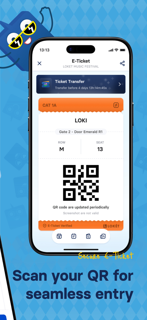 LOKET X - Pantalla de la aplicación móvil LOKET X que muestra una entrada digital segura para eventos con un código QR para una entrada sin problemas.