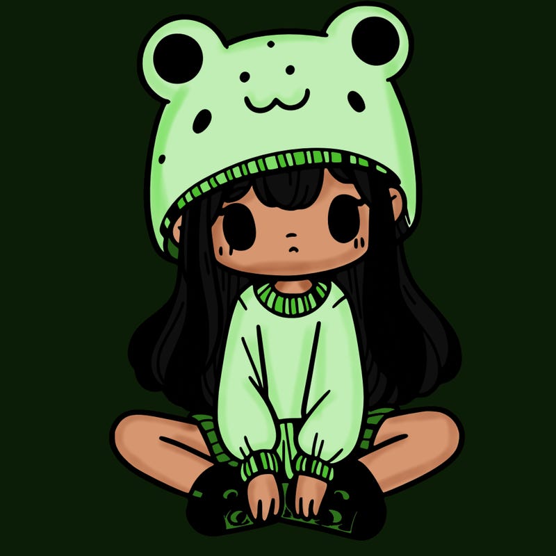 a girl wearing a frog hat and some frog socks