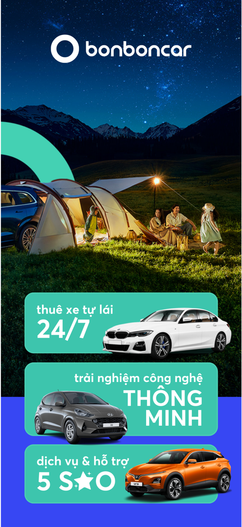 BonbonCar - Thuê xe tự lái - Écran de l'application mobile BonbonCar montrant les options de location de voiture sans conducteur 24h/24 et 7j/7 et la technologie intelligente