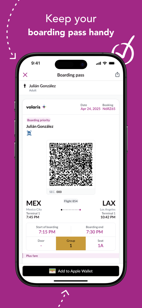 Interface do aplicativo Volaris mostrando um cartão de embarque digital com detalhes do voo e um código QR