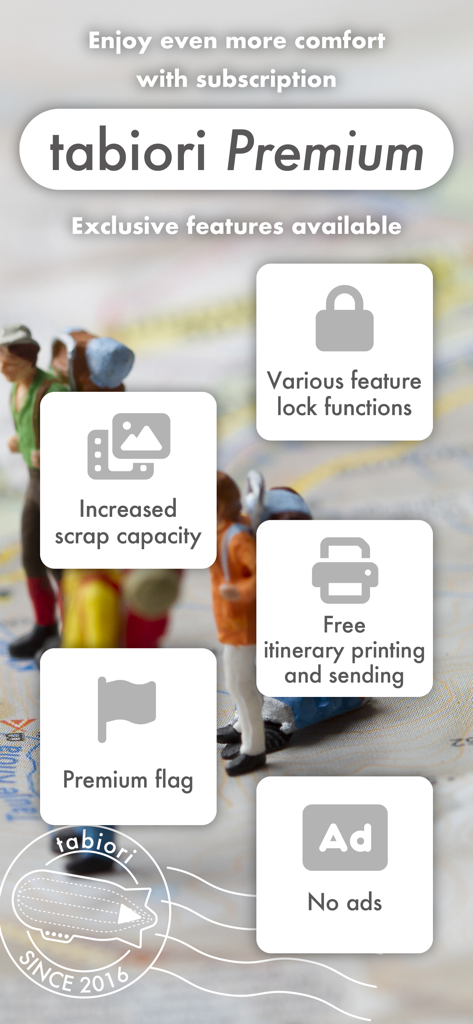 スクラップ容量の増加、広告なし、無料の旅程印刷を含むtabioriプレミアム専用機能のリスト。