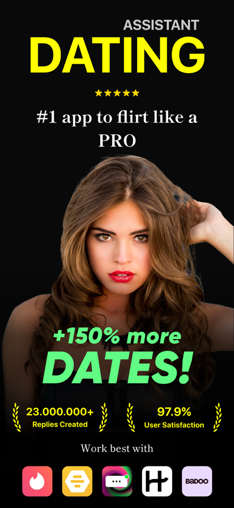 RizzPRO - AI Flirt Keyboard - RizzPRO AI Flirt Keyboard promotional banner featuring a woman and claims of one hundred fifty percent more dates with Tinder and Bumble integration