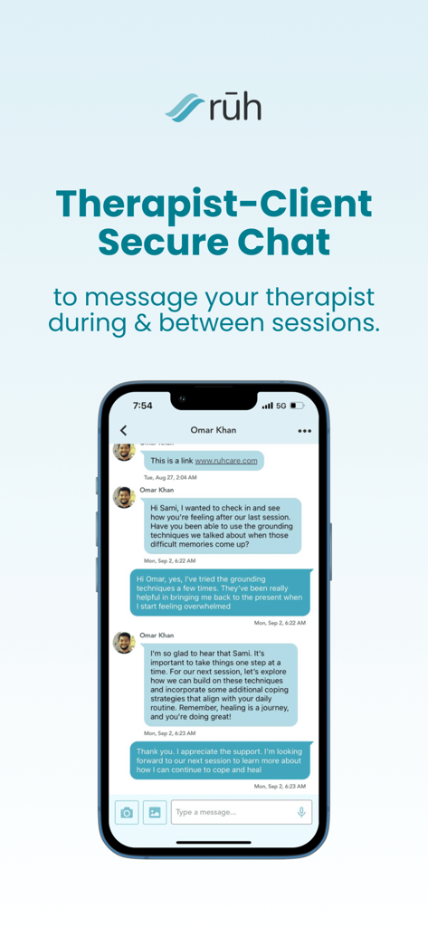 A secure therapist-client chat interface within the Ruh Care app showing a conversation about grounding techniques