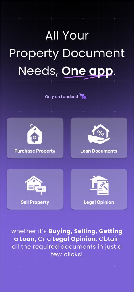 Landeed – Land Records & Bills - Pantalla de la aplicación Landeed que destaca los servicios de documentos de propiedad para compra, venta y préstamos