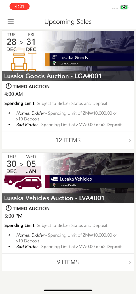 Mobile app interface showing upcoming timed auctions for goods and vehicles in Lusaka Zambia