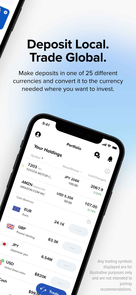 IBKR GlobalTrader - Interface of the IBKR GlobalTrader app displaying international stock holdings and multi-currency cash balances.