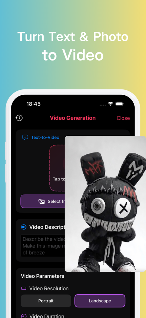 Chibi Maker :AI Avatar & Video - Tela do aplicativo Chibi Maker para transformar texto e fotos em clipes de vídeo com IA