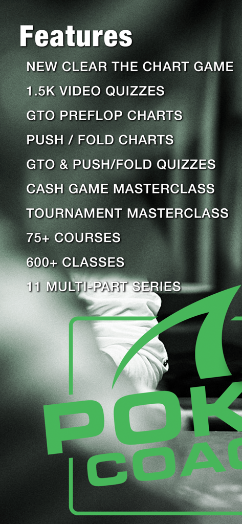 Una lista de las características de la aplicación Poker Coaching, incluyendo tablas GTO, cuestionarios en video y masterclasses.