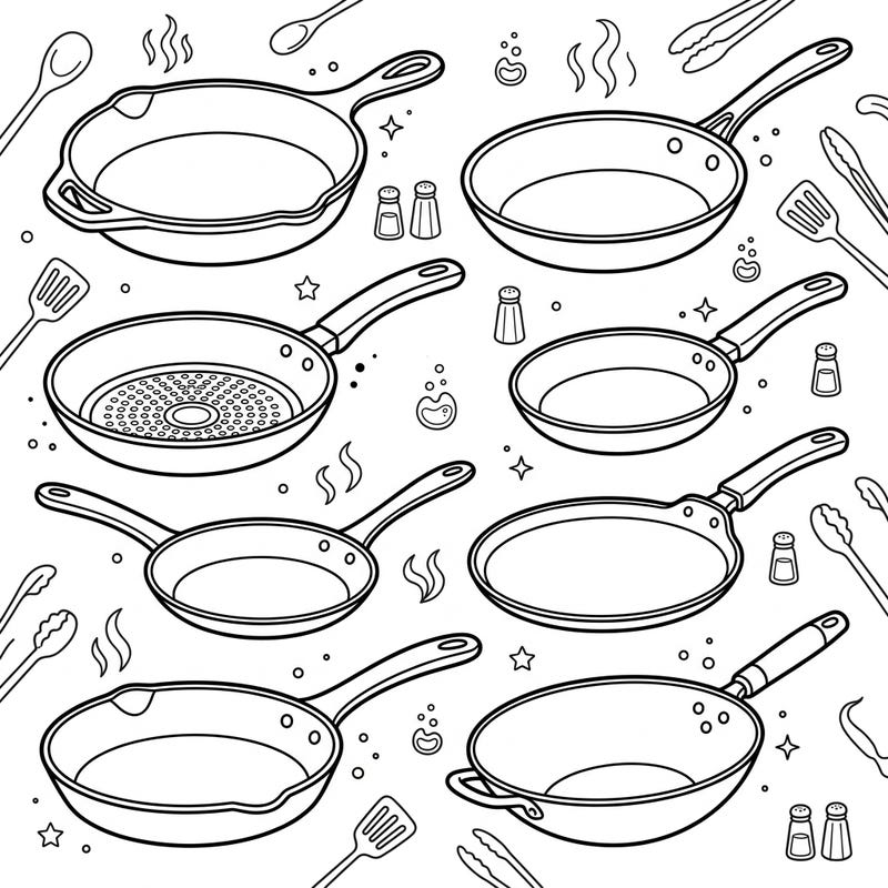 Discover the world of culinary tools with this delightful Frying Pans & Skillets coloring page. Featuring a variety of essential kitchenware, it's perfect for aspiring chefs and coloring enthusiasts of all ages.