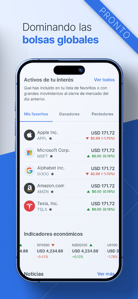 Interface de l’application tyba montrant une liste d’actions mondiales préférées, y compris Apple, Microsoft et Amazon, avec leurs prix actuels et les variations quotidiennes