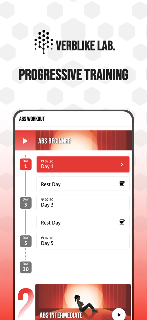 Mobile App-Oberfläche, die einen 30-tägigen progressiven Bauchmuskel-Trainingsplan für Anfänger zeigt