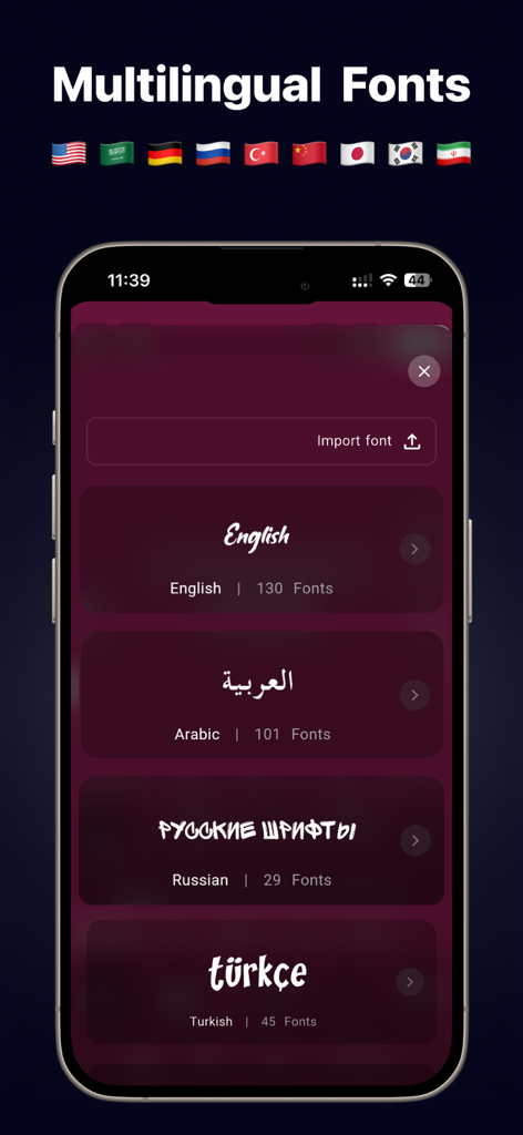StoryFont for Instagram Story - Interface do aplicativo StoryFont mostrando categorias de fontes multilíngues para inglês, árabe, russo e turco