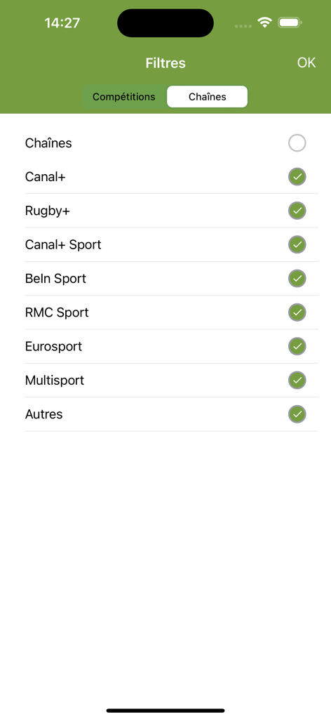 Channel selection screen in the RugbyToWatch app showing filters for French sports broadcasters like Canal Plus and BeIn Sport.