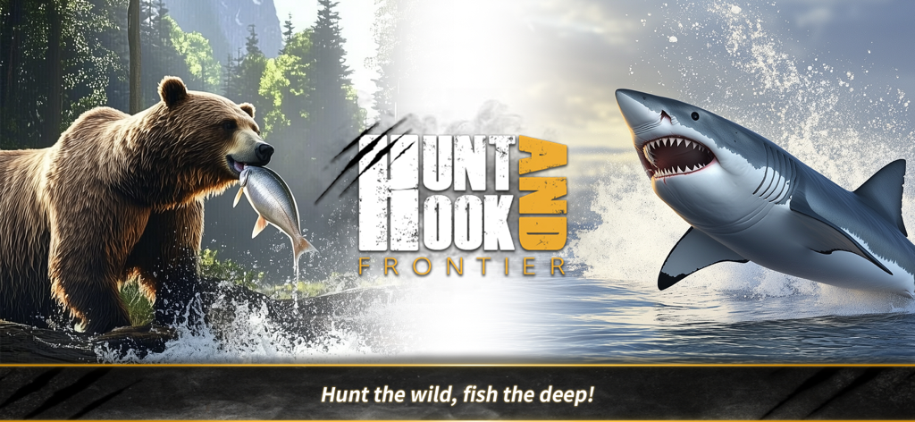 Hunt And Hook:Frontier - Promotional banner for Hunt and Hook Frontier featuring a bear with a fish and a shark leaping from the water