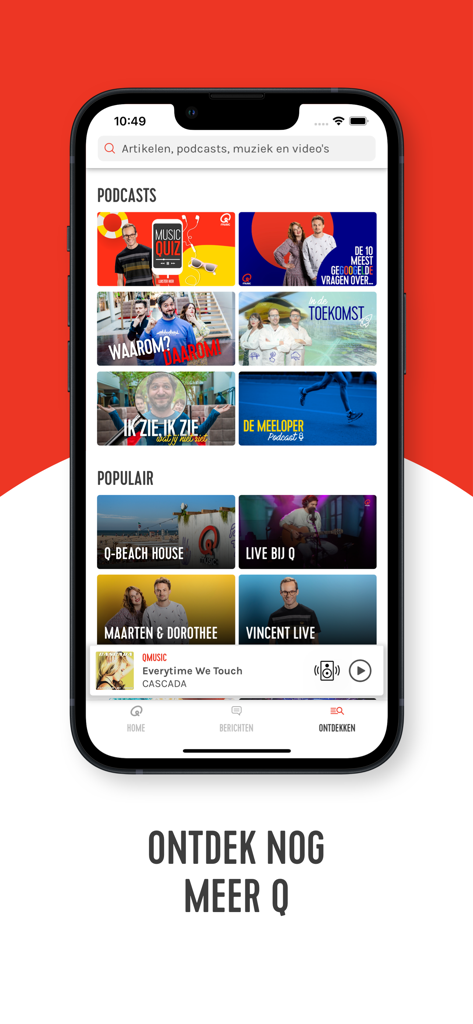 Página de descubrimiento de la app de radio Qmusic en un iPhone con podcasts y segmentos de radio populares en holandés