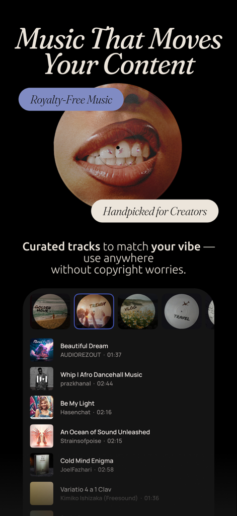 Templify・ Photo & Video Editor - Interface of Templify app showing royalty-free music library for social media content creators.