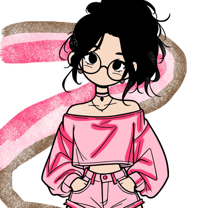 girl with a messy ponytail glasses a baggy crop top and jean shorts