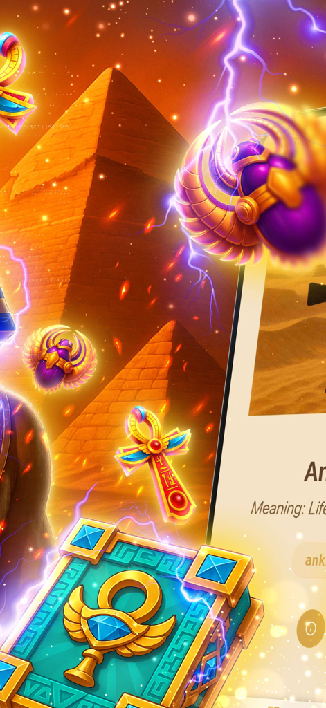 Vibrant ancient Egyptian art featuring pyramids scarabs and ankh symbols in GlyphsQuest