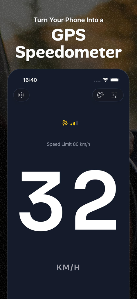 GPS Speedometer & Speed HUD - Velocímetro GPS digital que muestra 32 KMH con una fuente blanca grande sobre un fondo oscuro