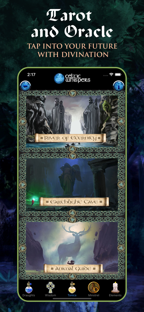 Menú de adivinación de Tarot y Oráculo en la aplicación Susurros Celtas mostrando meditaciones místicas como Río de la Eternidad y Guía Animal.