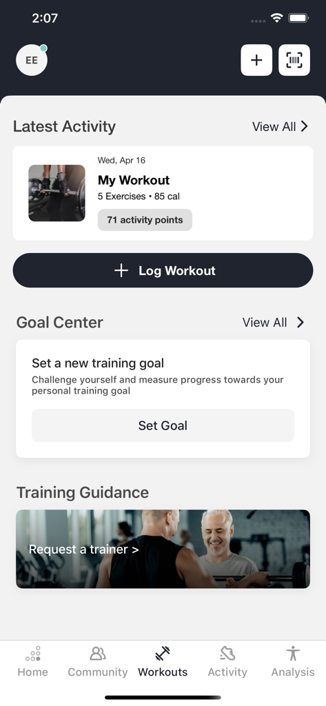 Jims Coaching - Jims Coaching App Dashboard, das Trainingsaktivitäten und das Zielzentrum anzeigt.