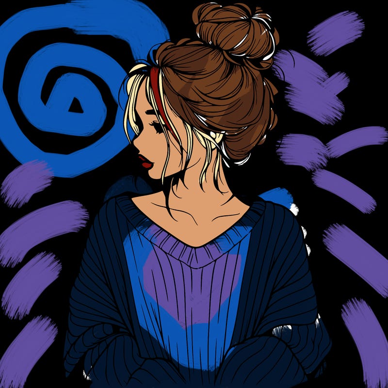 realistic girl wearing a messy bun and an oversized sweater