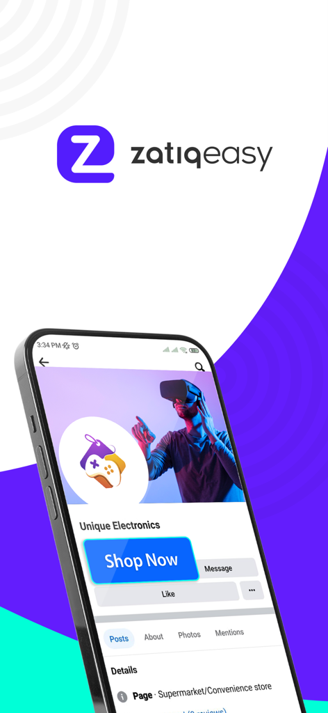 Zatiq Easy - eCommerce Builder - Zatiq Easy mobile app showing a digital storefront for an electronics business with a shop now button