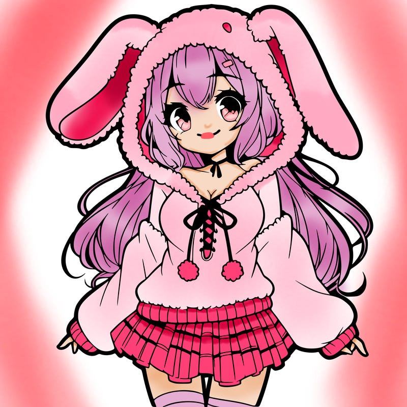 pretty anime girl wearing a fluffy hoodie with bunny ears on the hood and a skirt