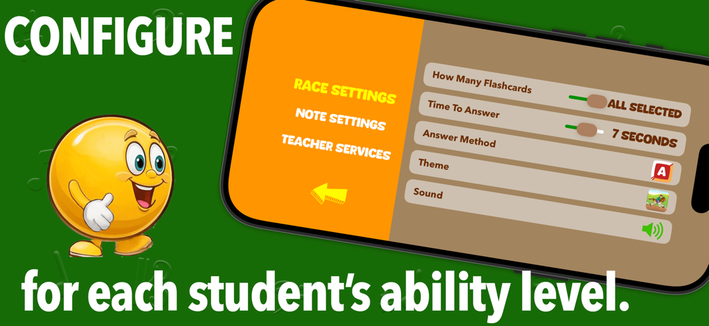 Flashnote Derby - Flashnote Derby app screen showing race configuration settings including flashcard count and time limits