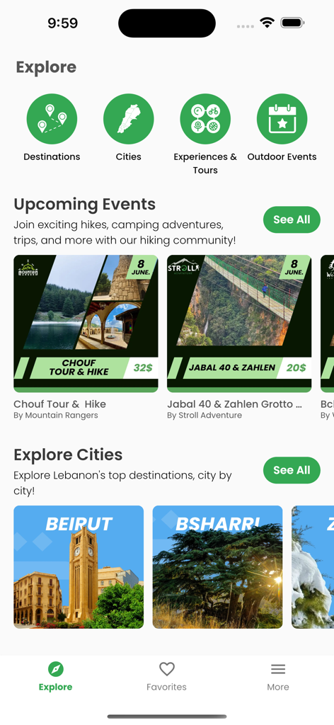 Chouf 투어 및 베이루트 및 Bsharri 도시 가이드와 같은 예정된 이벤트를 포함하는 레바논 여행 앱 탐색 화면