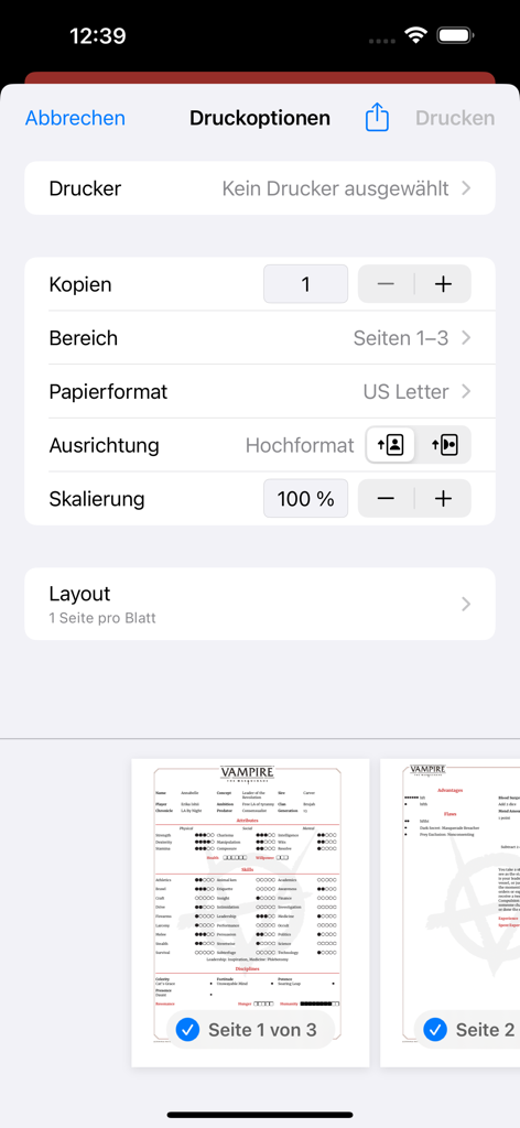 Vampire v5 Characters - Vampire v5 Characters app print settings for exporting a character sheet to PDF