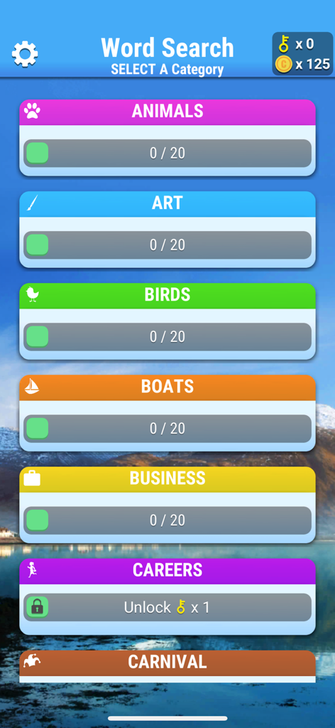 Word Search game category selection menu featuring puzzle themes like Animals, Art, and Birds against a serene nature background.