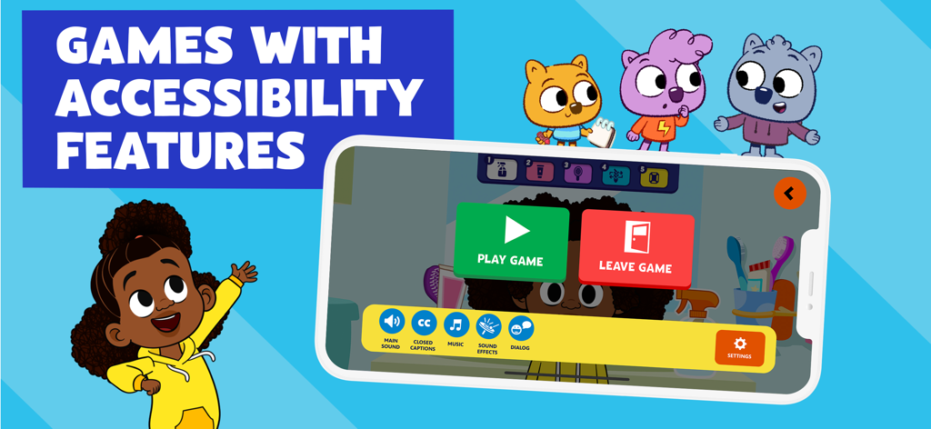 PBS KIDS Games app screenshot highlighting accessibility settings for children