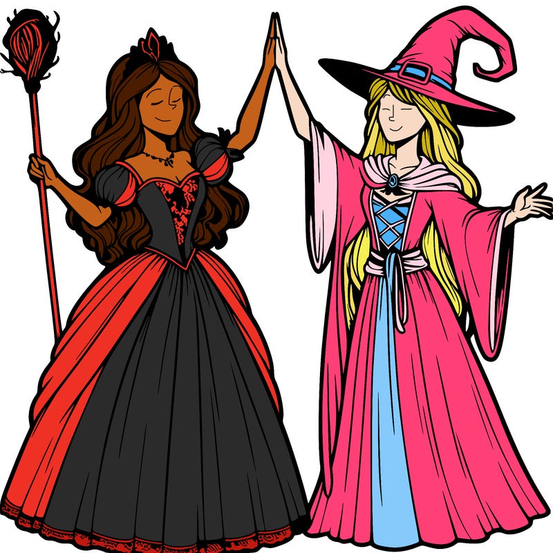 detailed realistic split of a princess and a witch
