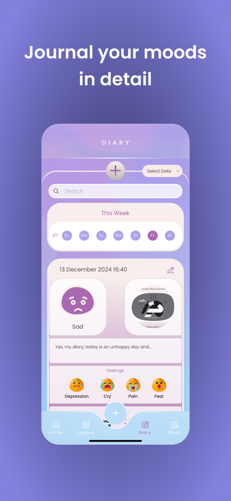 Self Therapy: ADHD Cbt i Coach - 感情の状態と感情アイコンが表示された詳細な気分のジャーナルエントリが表示されたモバイルアプリ画面。