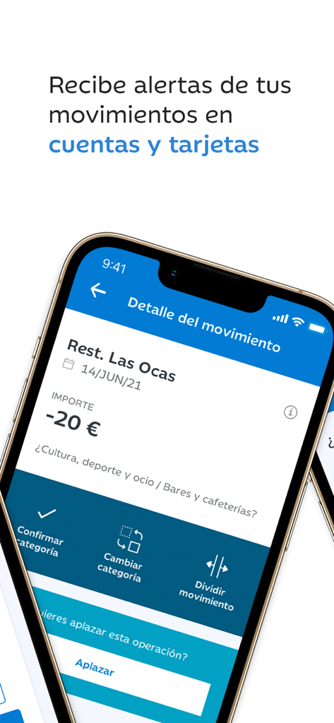 Ibercaja mobile app showing a transaction detail screen with options to categorize or defer expenses