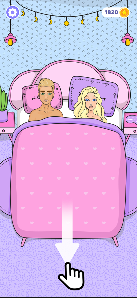 DIY Paper Doll - Bambole di carta maschili e femminili in un letto a motivo di cuori rosa all'interno di una scena di simulazione di vita di bambole.