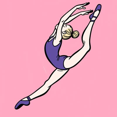 gymnast doing a leap in a leotard with a bent back leg