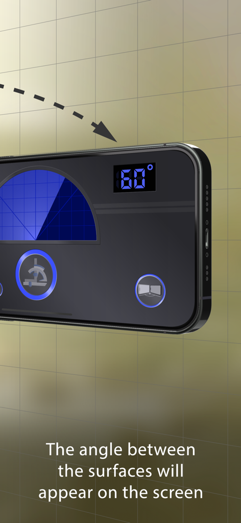 Flying Ruler: 3D Tape Measure - Pantalla del iPhone mostrando la aplicación Flying Ruler midiendo un ángulo de 60 grados entre dos superficies