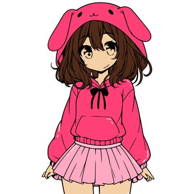pretty anime girl wearing a fluffy hoodie with bunny ears on the hood and a skirt