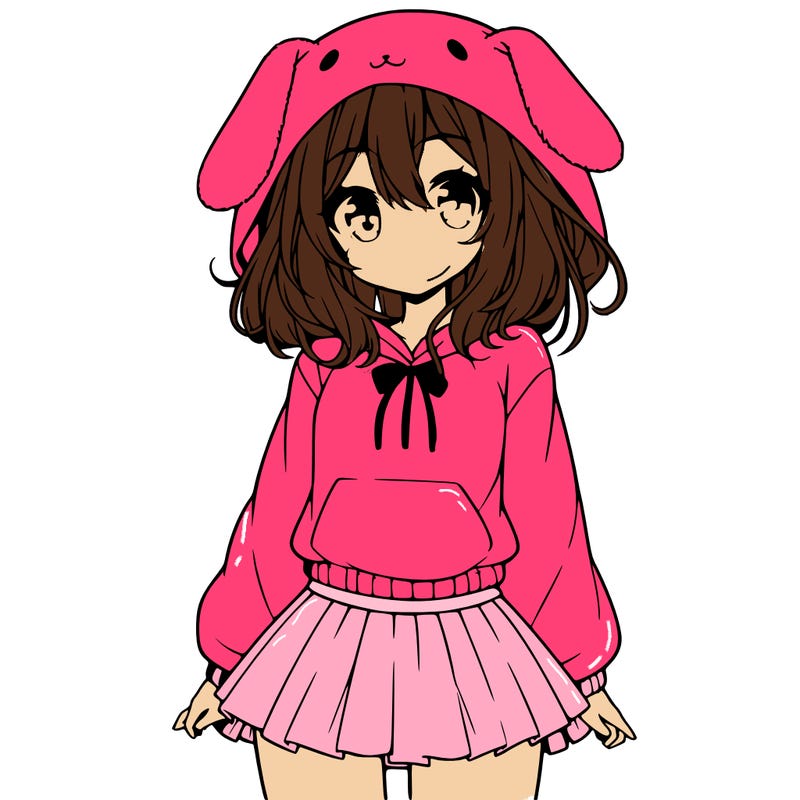 pretty anime girl wearing a fluffy hoodie with bunny ears on the hood and a skirt