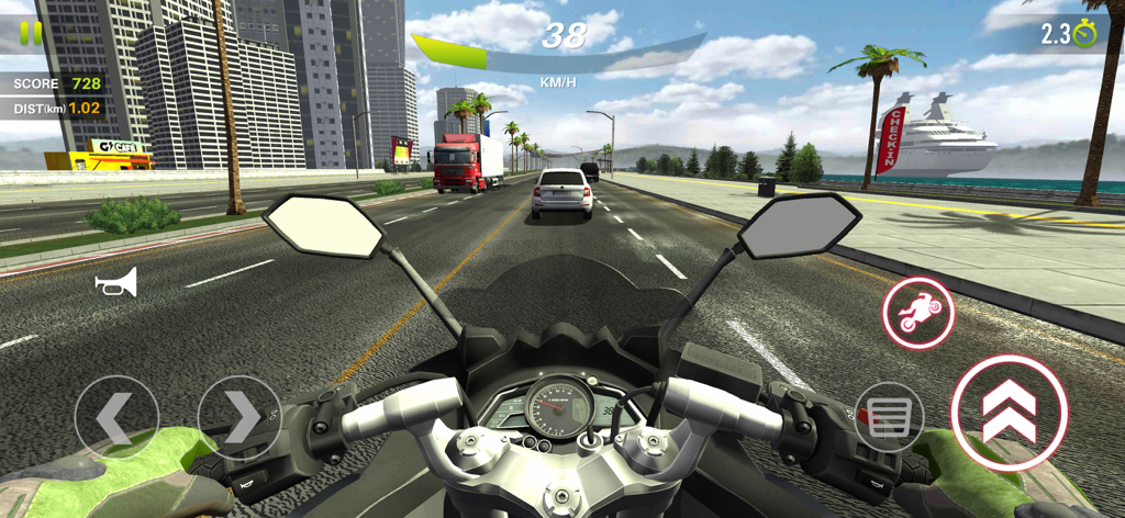 Traffic Bike - Real Moto Racer - First person perspective of a motorcycle racing through city highway traffic.