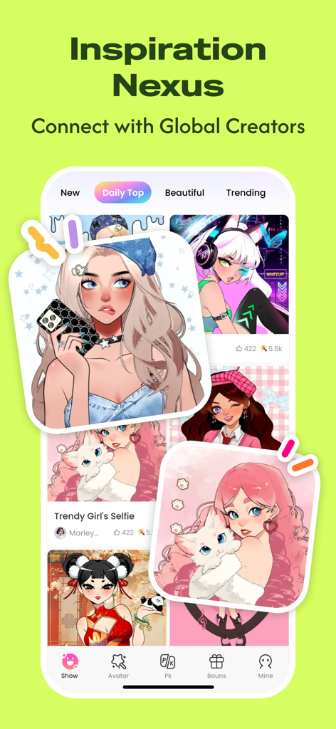 Neku: make avatar sticker - Pantalla del Nexo de Inspiración en la aplicación Neku que muestra una galería de avatares de anime personalizados dibujados a mano de creadores globales.